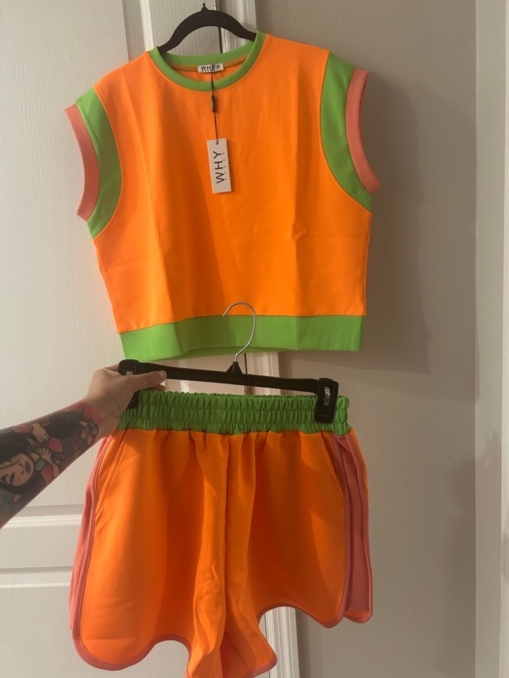 WHY Dress Neon Orange Top & Shorts Set with Green and Pink Trim